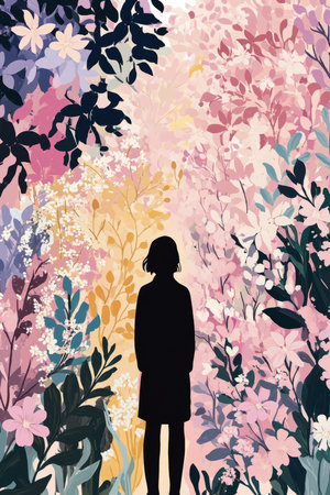 A serene and peaceful illustration of a person standing in front of a blooming garden, symbolizing the blossoming of self love and acceptance of one's true self.の素材
