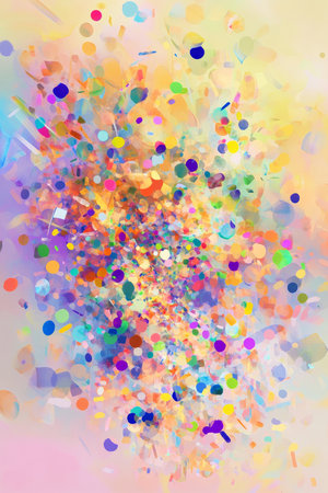 A lively and fun digital painting of multicolored confetti scattered across a soft gradient background, capturing the essence of celebration.の素材
