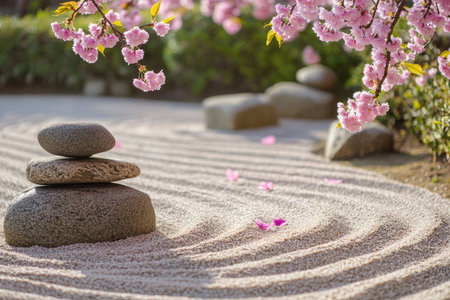 A tranquil Zen garden with carefully arranged stones, a smooth sand pattern, and cherry blossom trees gently shedding pink petals.の素材