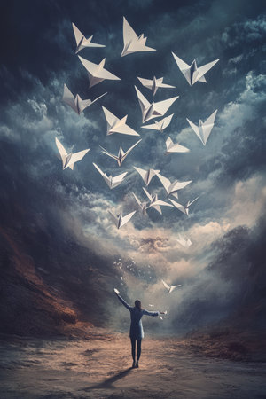 A surreal and atmospheric digital painting of a person releasing paper birds into the wind, each carrying a past regret, symbolizing emotional release and embracing the future.の素材