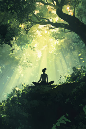 A peaceful illustration of a yoga practitioner in a serene forest, with sunlight filtering through the trees, representing the connection between mind and body.の素材
