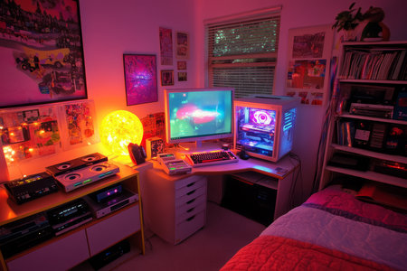 A nostalgic 90s bedroom filled with cassette tapes, a chunky desktop computer running Windows 95, and a lava lamp glowing in the corner.の素材