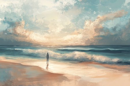 A gentle and supportive digital painting of a person standing on a peaceful beach, breathing deeply as the waves roll in, symbolizing the release of anxiety and embracing serenity.の素材
