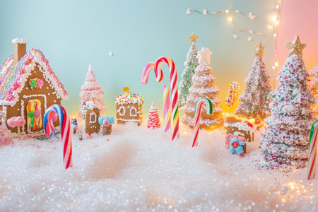 A whimsical candyland Christmas scene with giant rainbow striped candy canes, gingerbread houses, and sparkling fairy lights.の素材