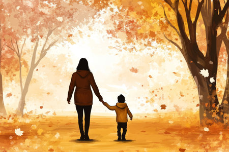 A touching illustration of a parent and child holding hands while walking through a park in autumn, symbolizing love and connection.の素材