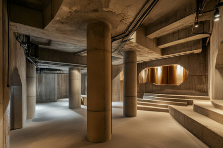 A brutalist underground bunker with towering concrete pillars, dim industrial lighting, and exposed metal pipes running along the walls.の素材
