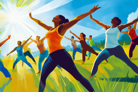 A dynamic and colorful illustration of a yoga class in an open field, diverse individuals stretching in harmony under a bright sky, symbolizing balance, flexibility, and a holistic approach to wellness.の素材