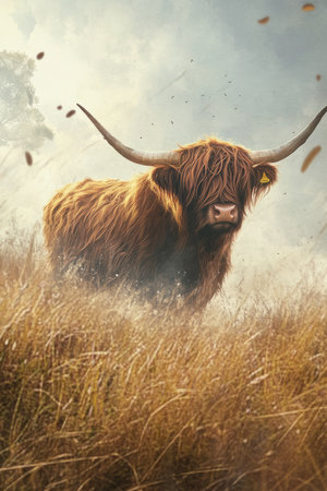 A whimsical illustration of a fluffy highland cow standing in a misty meadow, its long shaggy fur blowing gently in the wind. The warm color palette and soft painterly strokes enhance the charming, rustic feel of the artwork.の素材