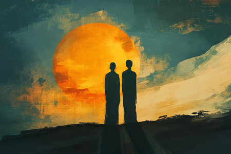 A powerful digital painting of two figures standing side by side in front of a rising sun, their shadows stretching behind them, symbolizing the resilience and strength in enduring tough times together.の素材