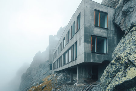 A brutalist mountain lodge, built from raw concrete, with massive windows showing a foggy alpine landscape.の素材