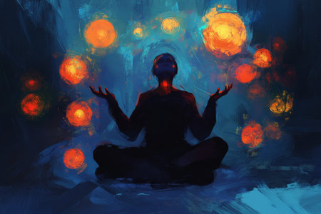 A serene digital painting of a person sitting with open hands, surrounded by glowing orbs of light, each symbolizing an aspect of emotional intelligence such as empathy and understanding.の素材