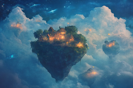 A dreamy, surreal painting of a floating island made of clouds, where a tiny village sits nestled among rolling mist and glowing lanterns.の素材