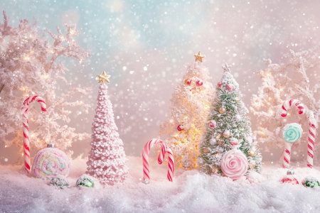 A pastel holiday scene with softly glowing Christmas trees, colorful candy decorations, and a dreamy snowfall.の素材