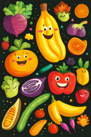 A fun educational poster with smiling fruits and vegetables, encouraging kids to eat a rainbow of healthy foods.の素材