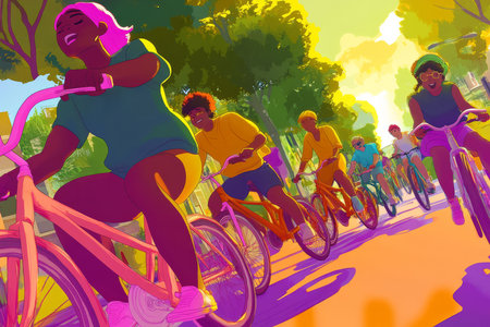 A digital illustration of a diverse group of people cycling together in a park, with bright colors and an energetic atmosphere.の素材