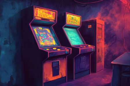 A fun and nostalgic digital painting of a classic 90s arcade machine, glowing in a dimly lit room, with pixelated graphics on the screen.の素材