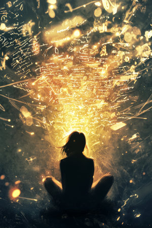 A calming and uplifting digital painting of a person surrounded by glowing affirmations written in the air, representing the transformative power of positive thinking.の素材