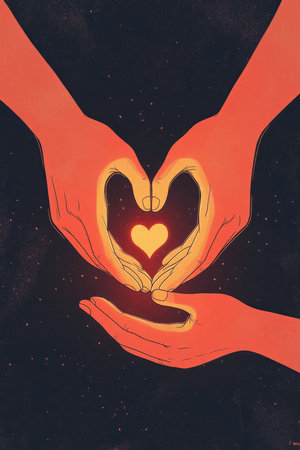 A minimalistic yet powerful illustration of two hands intertwined, a small heart glowing between them, symbolizing deep emotional connection and support.の素材