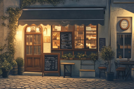 A cozy and nostalgic vintage style illustration of a small European cafÃÂ© on a cobblestone street, with a chalkboard menu and warm lighting spilling from the windows.の素材