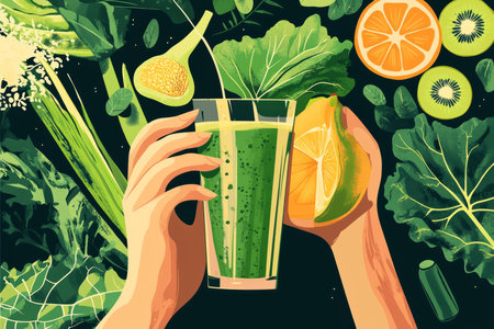 An artistic illustration of a person sipping from a green smoothie, surrounded by leafy greens, vibrant fruits, and fresh vegetables, promoting healthy eating habits.の素材