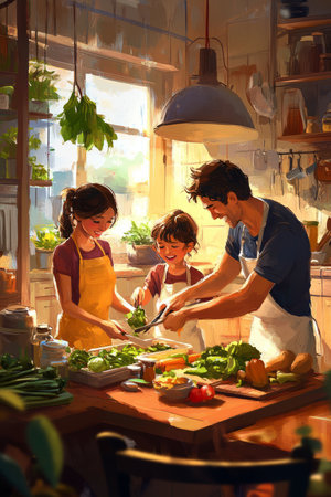 A charming and cozy digital painting of a family cooking together, chopping vegetables, laughing, and sharing love through home cooked meals, symbolizing healthy eating habits and togetherness.の素材