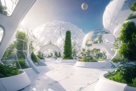 A high tech space colony with transparent domes, vertical gardens, and sleek white architecture set against a backdrop of distant planets.の素材