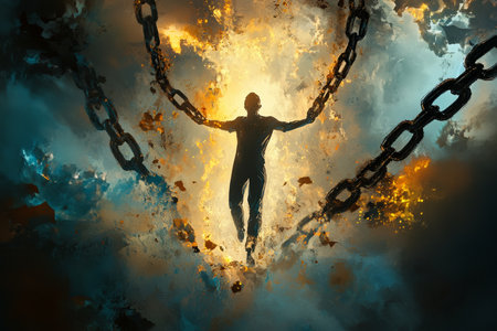 A cinematic digital painting of a person breaking free from heavy chains made of self doubt and fear, glowing with newfound confidence, symbolizing personal transformation and inner strength.の素材