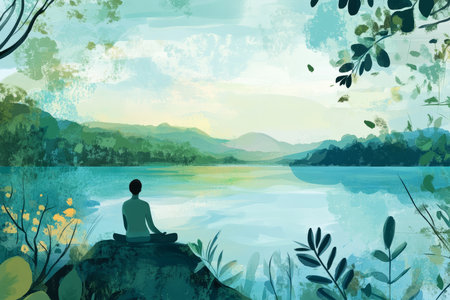 An illustration of a calm and peaceful figure meditating in front of a beautiful lake, surrounded by nature. Soft hues of blues and greens help evoke tranquility, symbolizing mental clarity and inner peace.の素材