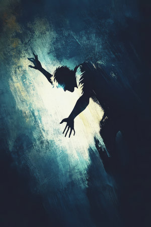 A dramatic and emotional illustration of a person breaking free from a heavy shadow that clings to them, glowing with newfound strength, symbolizing overcoming anxiety, fear, and personal struggles.の素材