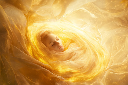 A digital artwork showing a person wrapped in a soft, glowing cocoon, representing emotional self care and protection from overwhelming stress.の素材