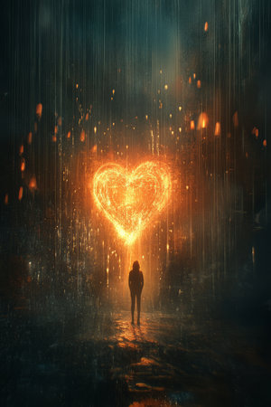 A heartfelt digital painting of a person standing in the rain, their heart slowly transforming into a glowing, resilient object, symbolizing the healing process after heartbreak.の素材