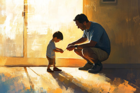 A nostalgic and heartfelt digital painting of a father teaching his child how to tie a shoelace, symbolizing guidance, care, and the beauty of small moments.の素材