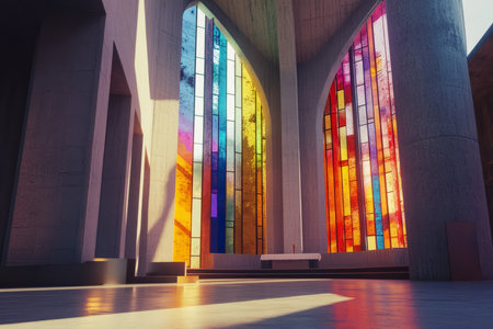 A brutalist cathedral with towering concrete arches, dramatic beams of light filtering through narrow stained glass windows, and a minimalist altar.の素材