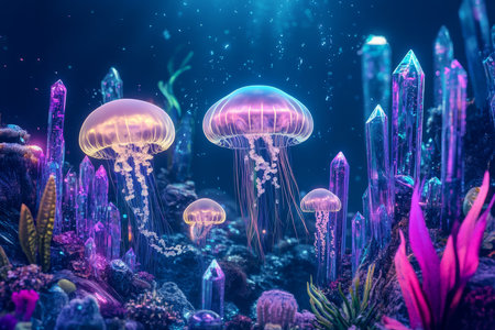 A surreal underwater world where giant jellyfish float through a glowing city of crystals, surrounded by swirling water currents.の素材