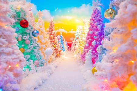 A whimsical Christmas wonderland with candy colored trees, glowing ornaments, and a bright rainbow sky.の素材