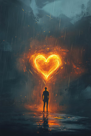 A heartfelt digital painting of a person standing in the rain, their heart slowly transforming into a glowing, resilient object, symbolizing the healing process after heartbreak.の素材