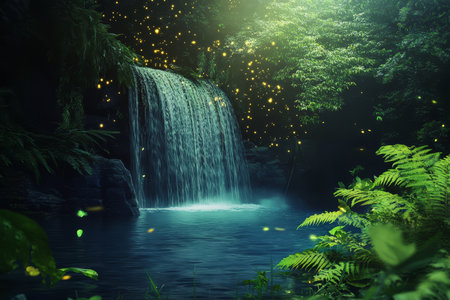 A mystical waterfall cascading into a glowing lagoon, with fireflies hovering above and lush green ferns surrounding the serene waters.の素材