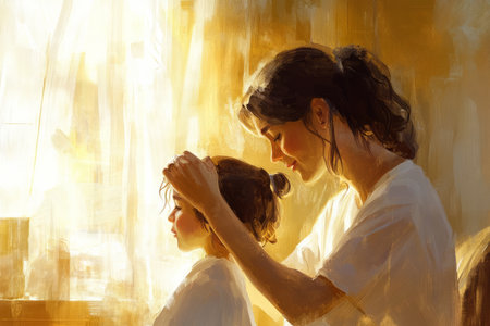 A warm and nostalgic digital painting of a mother brushing her child hair before bedtime, the scene bathed in soft golden light, symbolizing love, care, and everyday family rituals.の素材