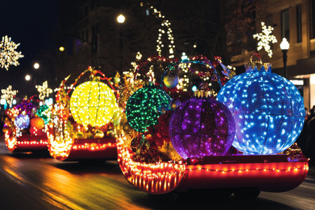 A joyful holiday parade with festive floats covered in colorful lights and oversized paper ornaments, marching down a city street.の素材