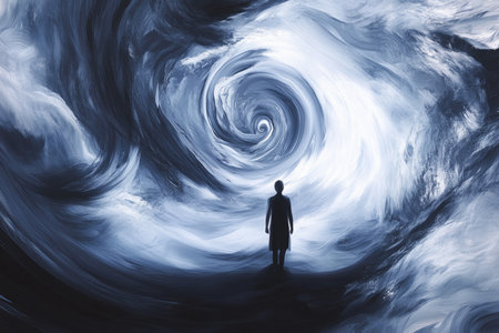 An abstract illustration of swirling dark clouds transforming into a gentle rain, with a calm figure beneath, symbolizing the release of anxiety and the return of clarity.の素材