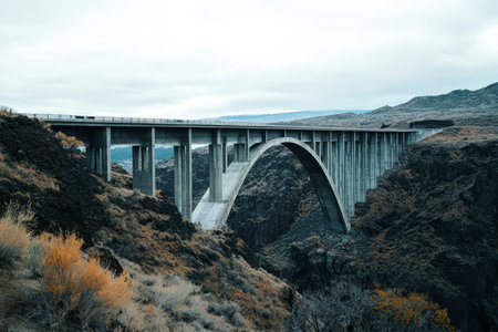 A brutal massiveist bridge stretching across a deep canyon, its raw concrete structure standing starkly against the natural landscape.の素材