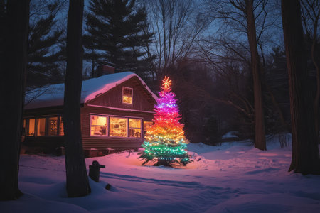A cozy winter cabin with a rainbow lit Christmas tree inside, glowing warmly against the snowy backdrop.の素材