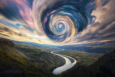 A gravity defying landscape where rivers flow upwards, mountains float in the air, and the sky bends into a vortex of color.の素材