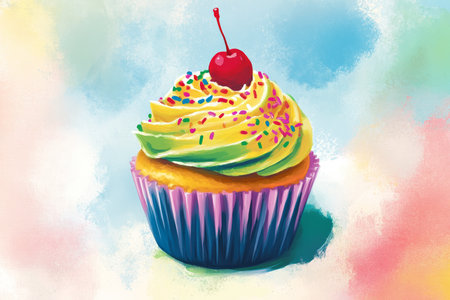 A colorful and joyful illustration of a cupcake with vibrant frosting, sprinkles, and a tiny cherry on top, full of sweetness and fun.の素材