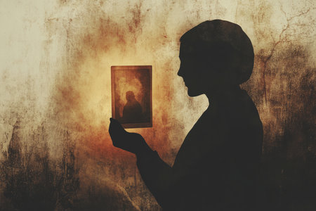 A symbolic and moving digital painting of a person holding a faded photograph, their silhouette filled with soft light, representing remembrance, loss, and honoring memories.の素材