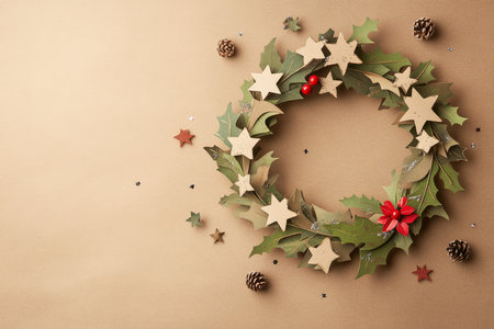 A charming Christmas wreath made from intricately cut paper, adorned with tiny stars and holly leaves on a textured kraft paper background.の素材
