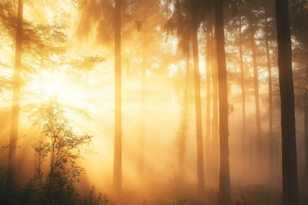 A dense, foggy forest at sunrise, where golden light filters through the trees, creating an ethereal and mystical atmosphere.の素材