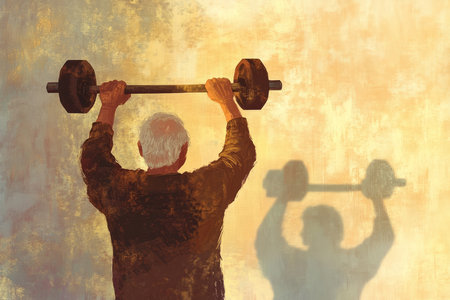 A warm and inspirational digital painting of an elderly person lifting weights, their shadow showing their younger self, symbolizing lifelong strength and endurance.の素材