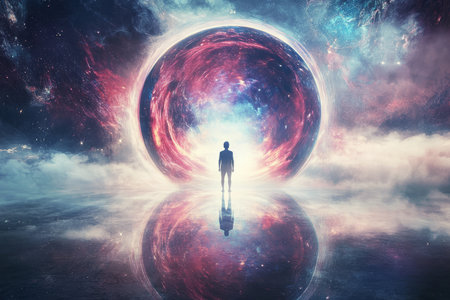 A mystical and inspiring illustration of a person standing before a vast cosmic mirror, seeing endless possibilities reflected back at them, symbolizing potential, ambition, and self realization.の素材
