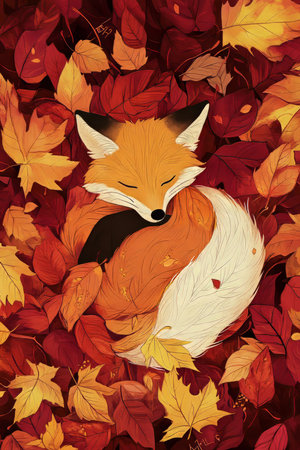 A charming illustration of a sleepy fox curled up in a bed of autumn leaves, its fur blending beautifully with the warm red, orange, and yellow tones around it.の素材
